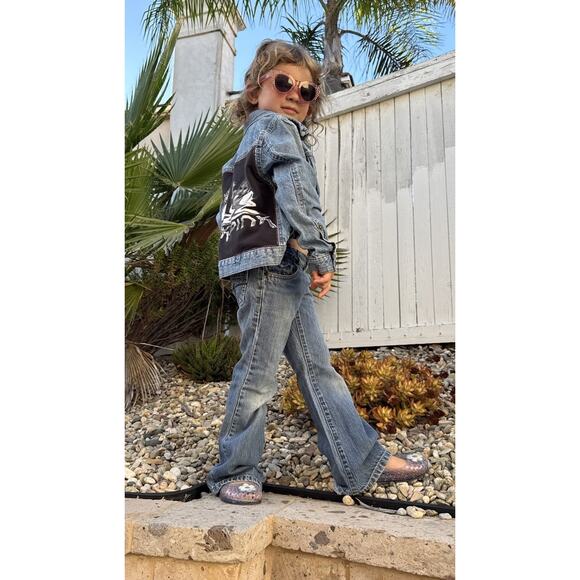 BLACK PINK Retro Upcycled Denim Jacket Korean Pop Music Rhinestone Kids Size 7 - Picture 1 of 11